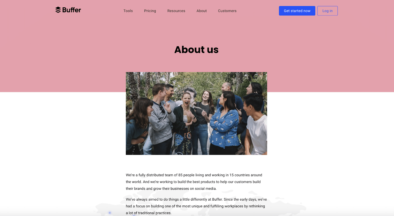 Buffer has an About Us page that focuses on its stellar team