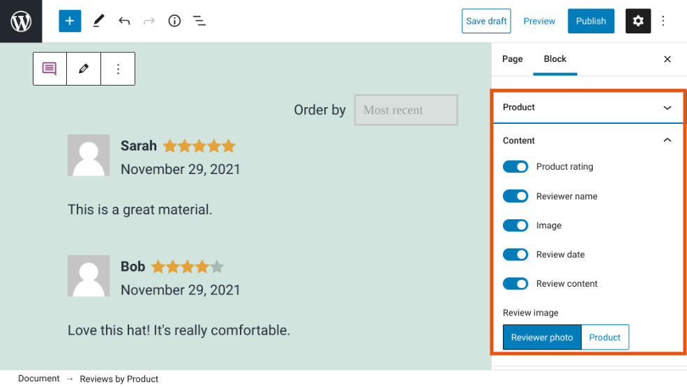 The Product and Content settings of a Reviews by Product WooCommerce block.