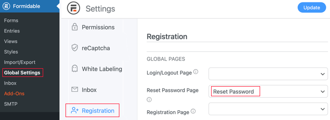 Formidable Forms Global Settings Registration Page