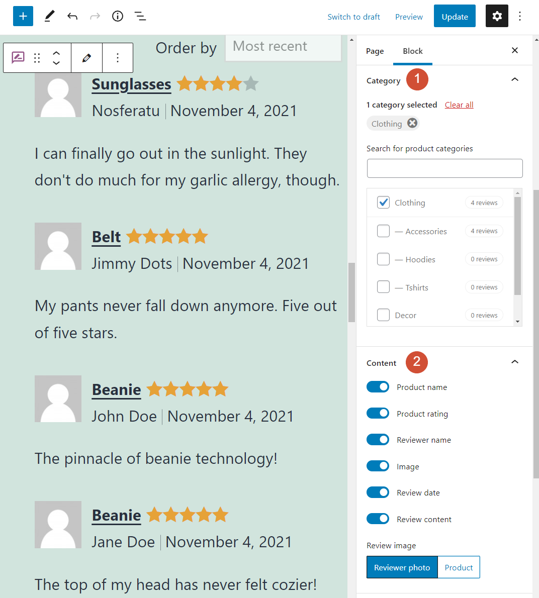 Customizing what elements the Reviews by Category block displays