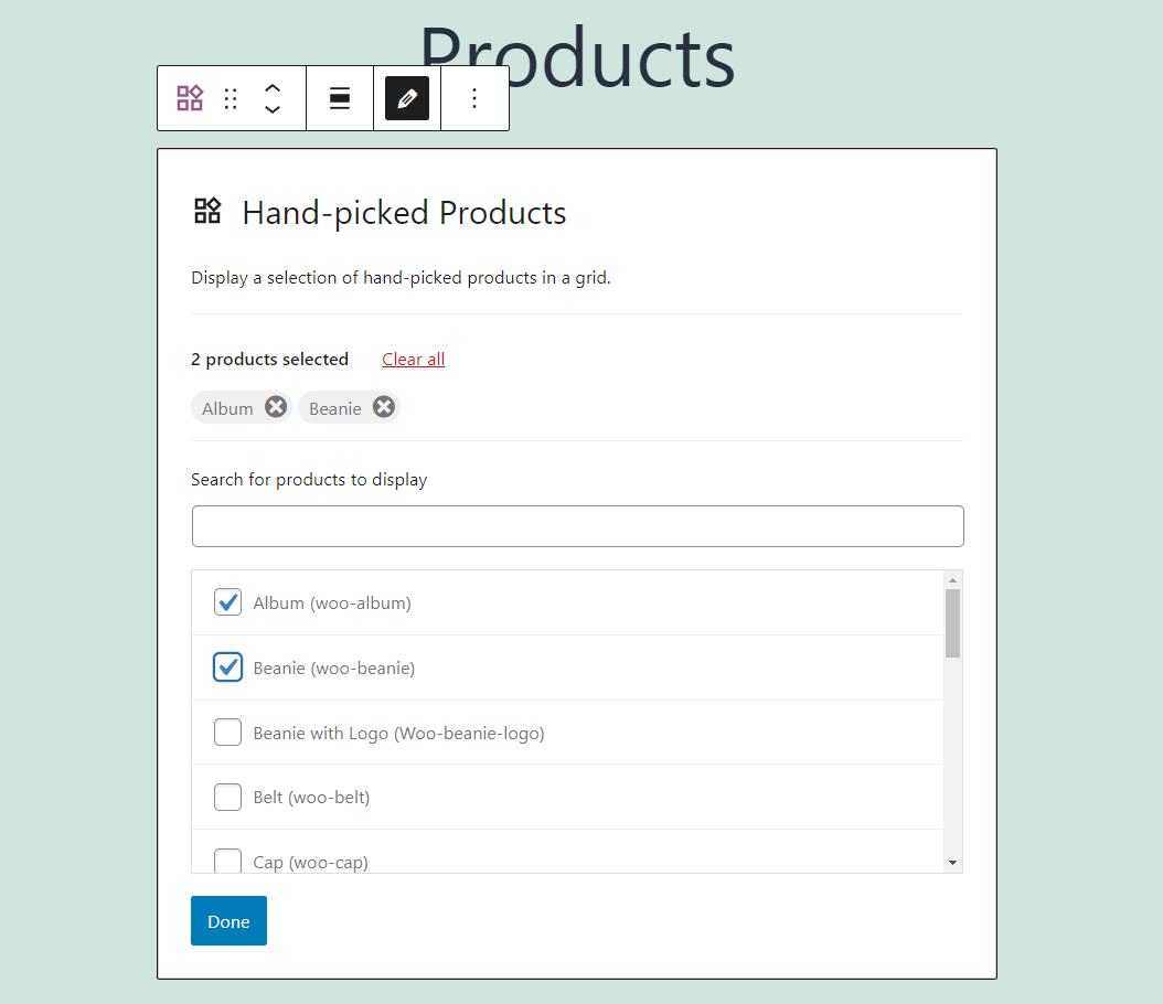 Selecting which products to display using the Hand-Picked Products block