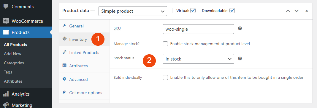 Changing the inventory status of a WooCommerce product.
