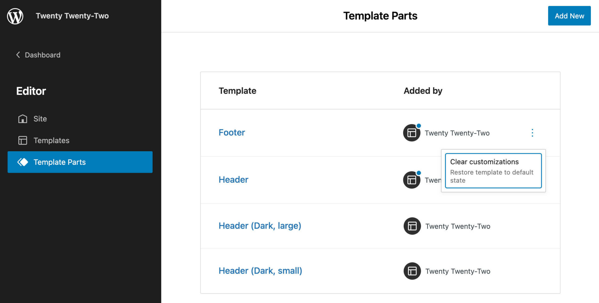 Clear template part customizations