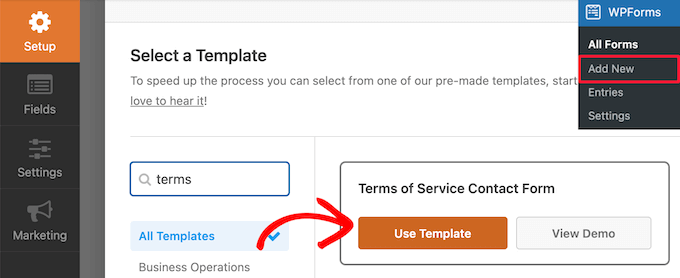 Select WPForms terms of service template
