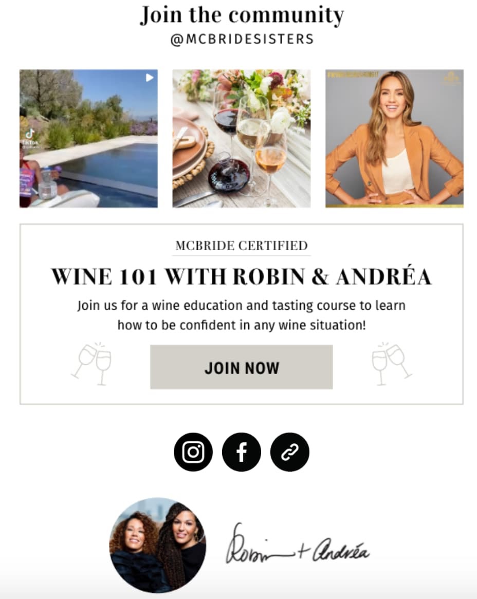 example of how McBride Sisters brand embed instagram link in newsletter to gain more followers