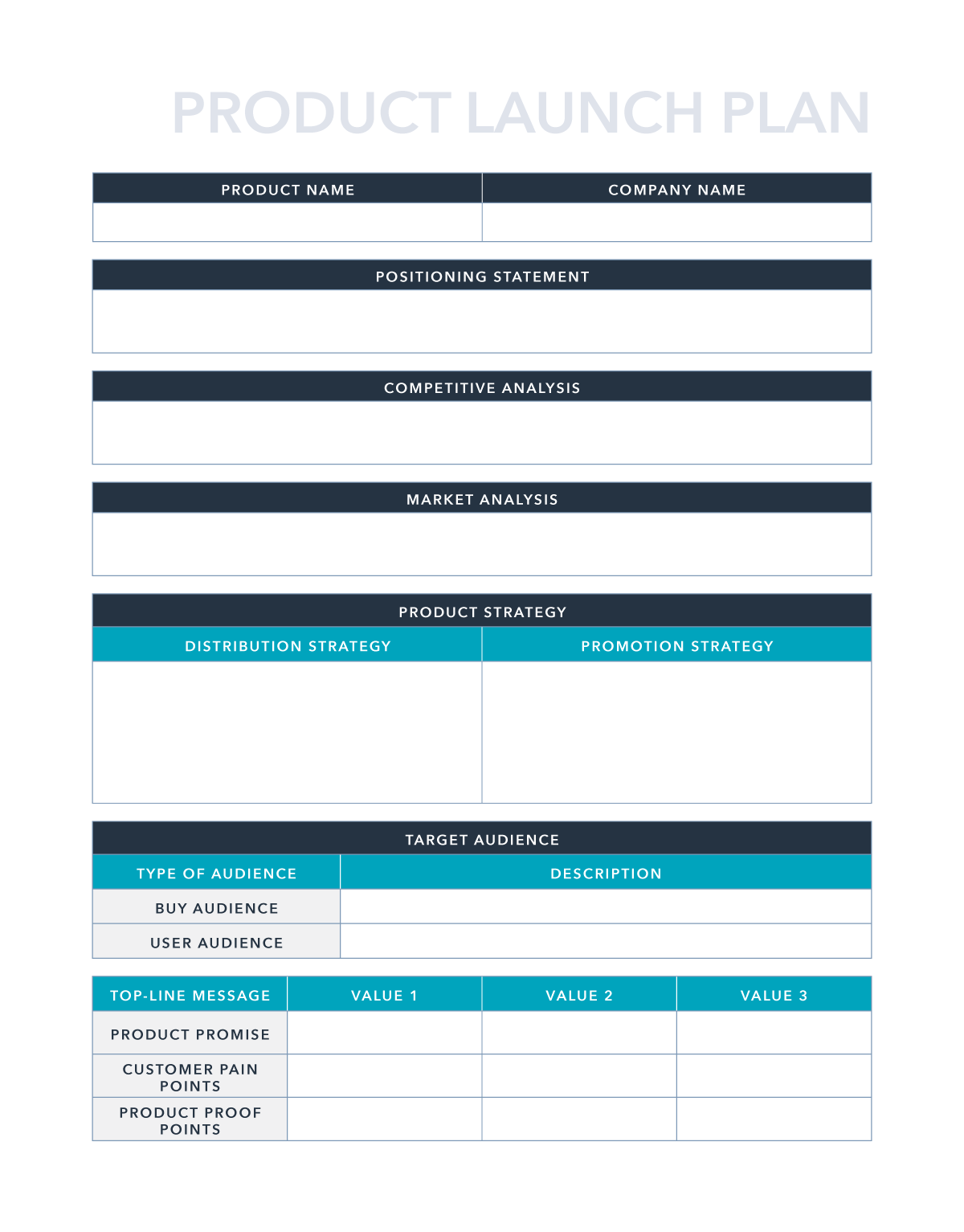 product launch plan with a table format laying out product, positioning, analysis, strategy, and more
