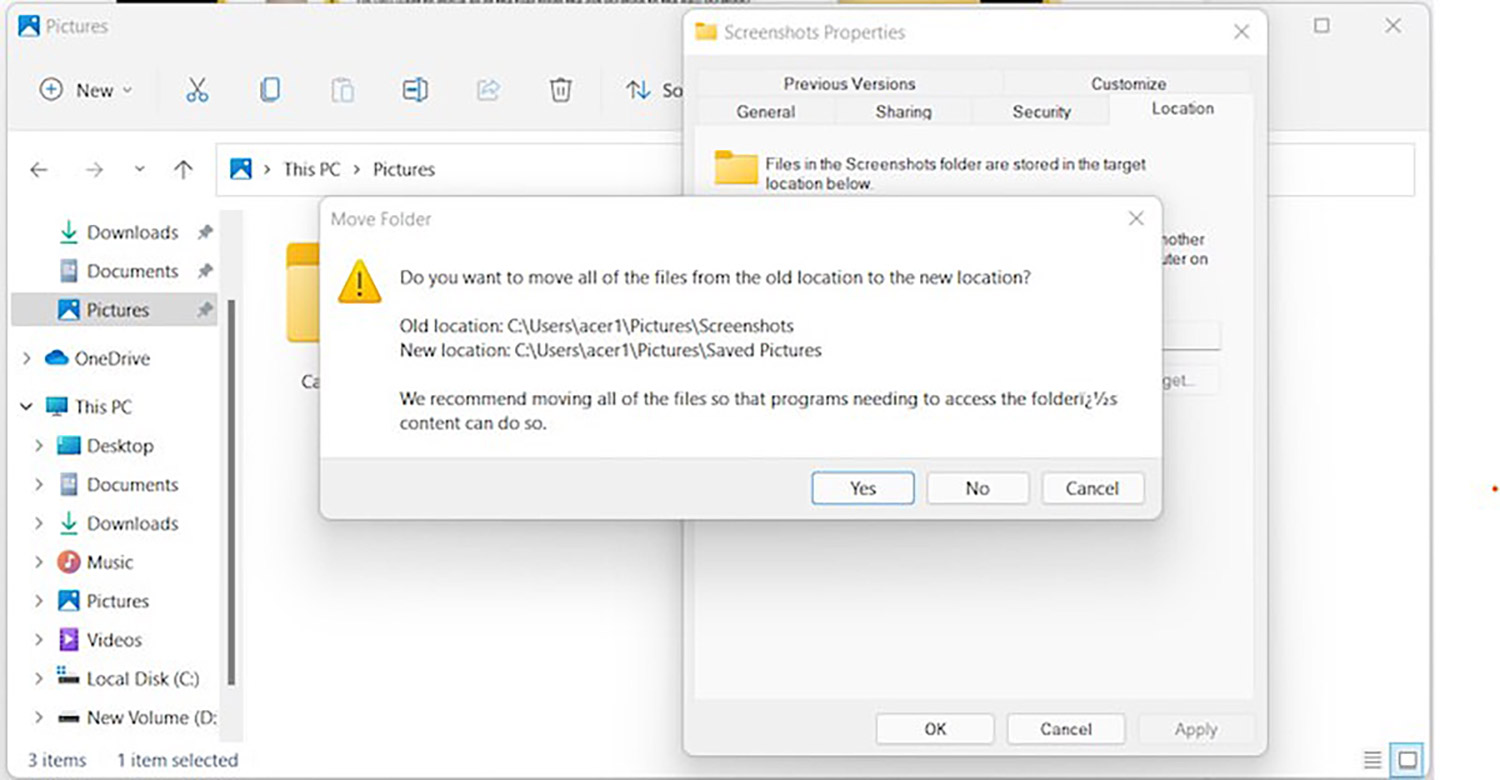 change screenshot folder location windows 11