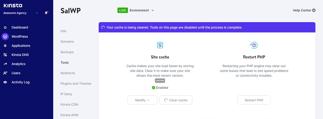 A screen showing how to clear cache through the MyKinsta-dashboard.