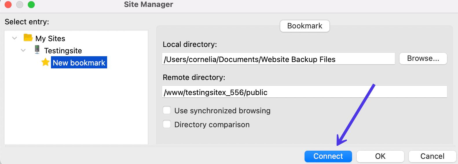 Click Connect in the Site Manager to move away from what you're doing and towards the save bookmark.