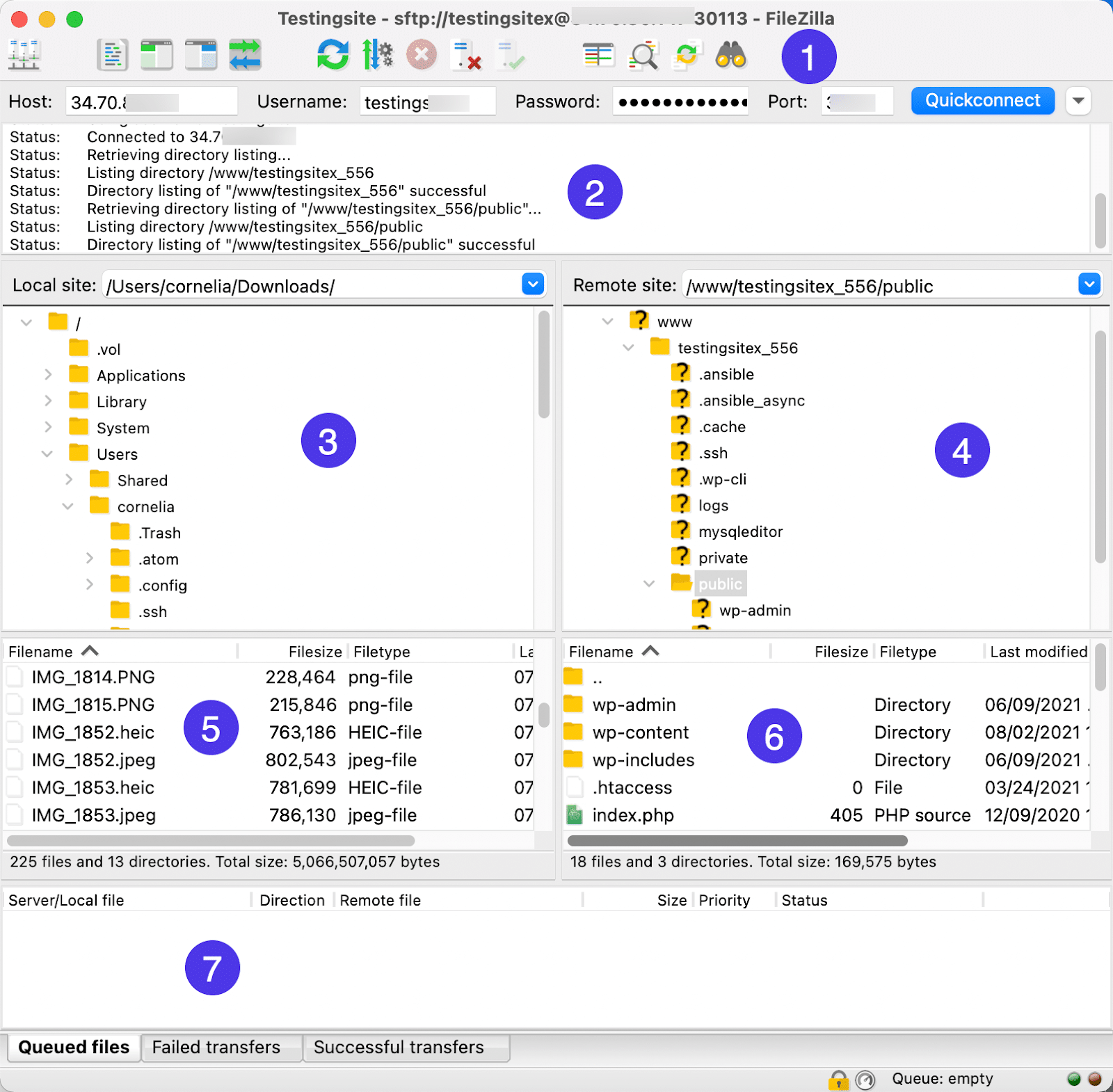A full view of FileZilla and its many functions.