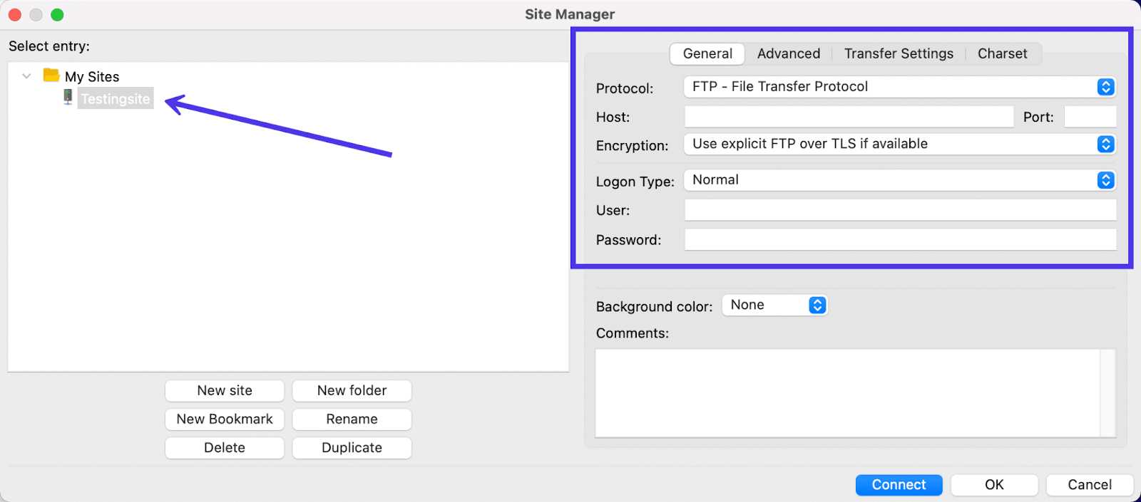 The General tab in the Site Manager contains ways to change the Protocol and type in login credentials.