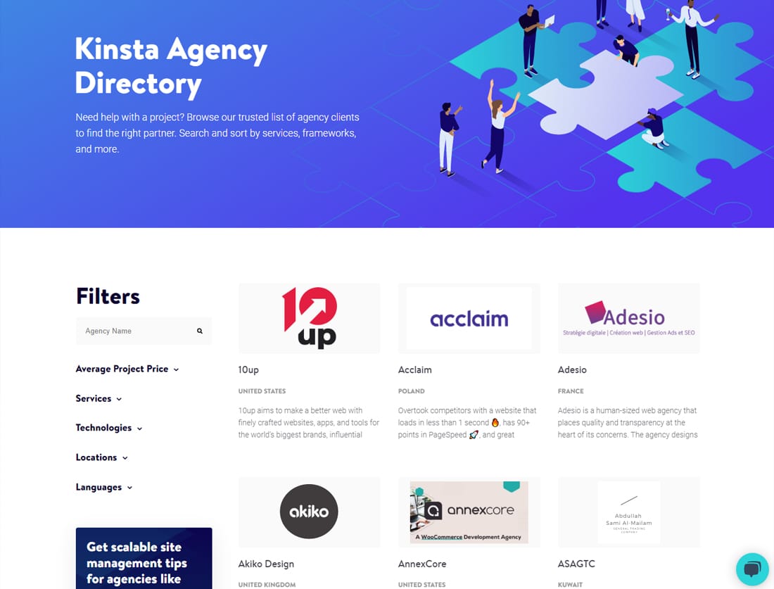 Kinsta is an agency-focused managed hosting platform, and it supports agencies with its Kinsta Agency Directory.