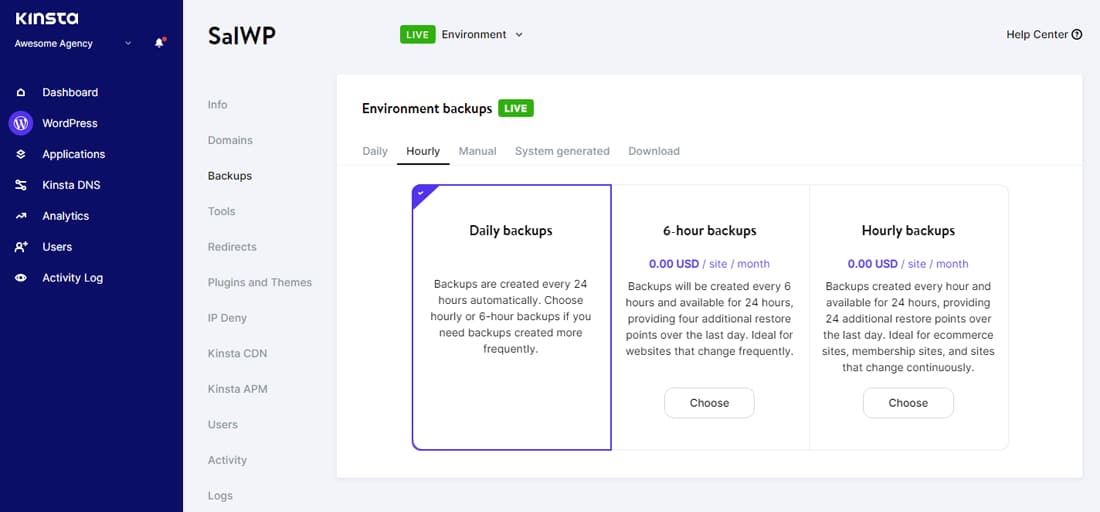 A screenshot of Kinsta's environment backups feature showing hourly backup options.