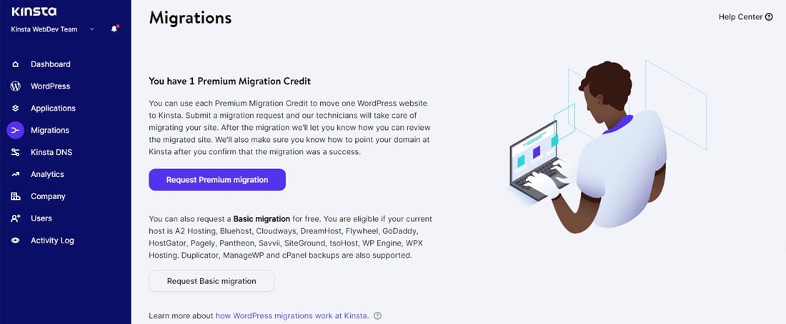 Requesting site migrations through the MyKinsta dashboard.