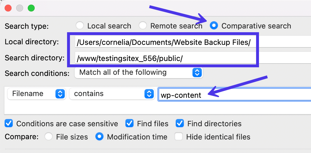 Select the Comparative Search button and select which directories you want to check.