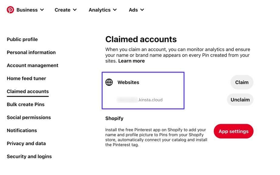 The verified site listed under the Claimed Accounts section in Pinterest
