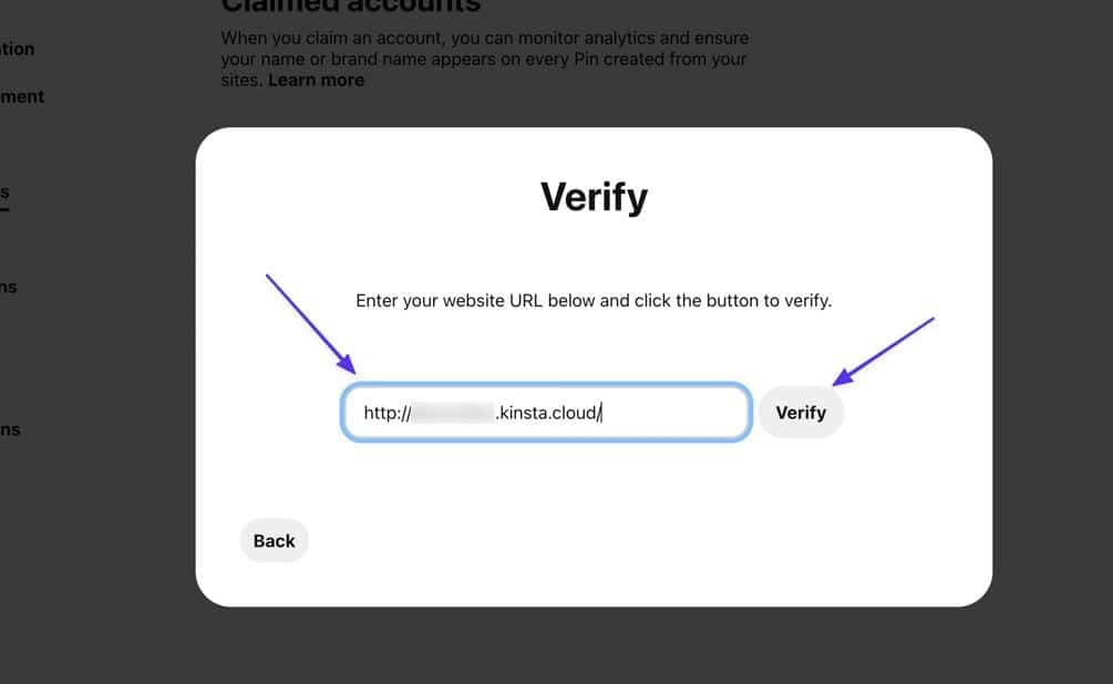 Verify the website connection on Pinterest