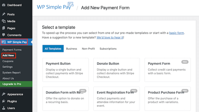 Creating a new WP Simple Pay form