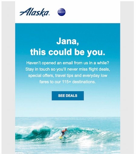 Email personalization example: Alaska Airlines