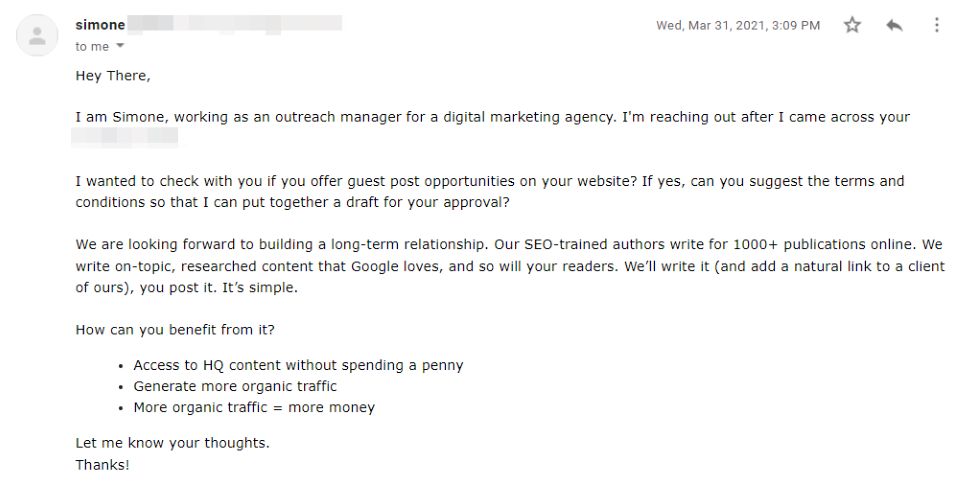An example of an email requesting guest posts