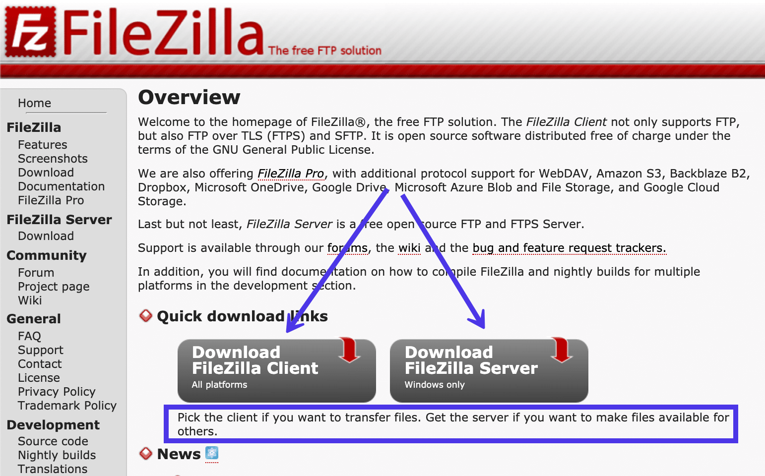 The FileZilla website had two download options for the FileZilla Client and the FileZilla Server.