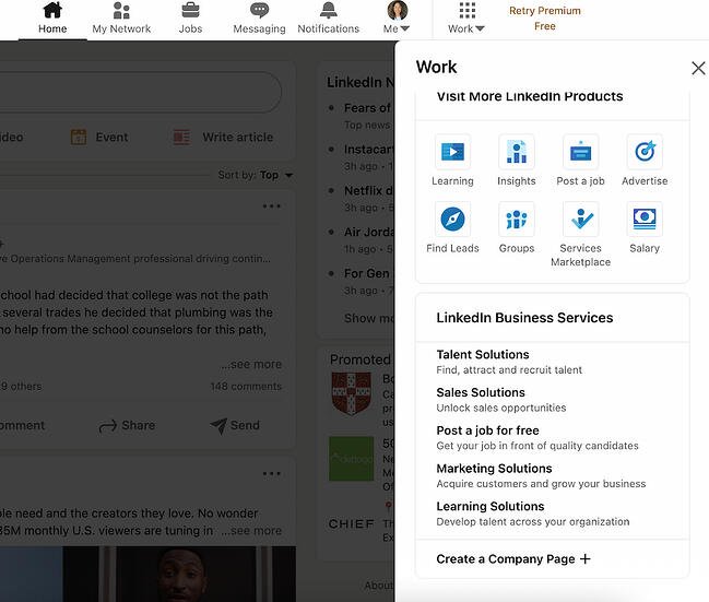 how to create a company page on LinkedIn: work button on LinkedIn feed