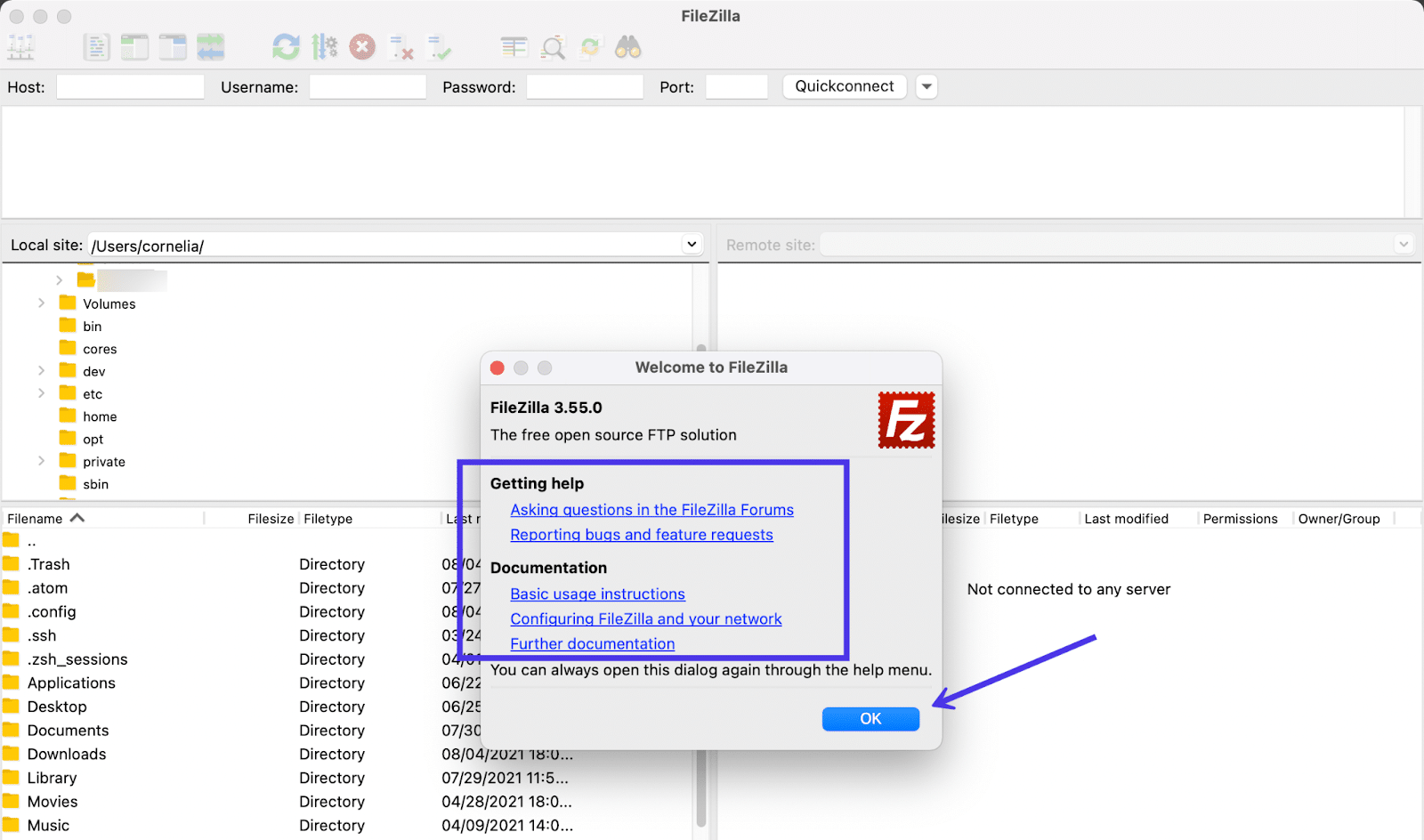 Check out FileZilla's support documents or proceed to the program by clicking OK.