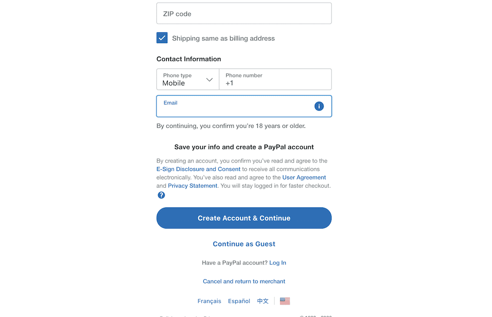 PayPal's Checkout page showing fields for a ZIP code, mobile number, and email address. There is disclosure information and links, along with a blue button to create an account and continue with the checkout.