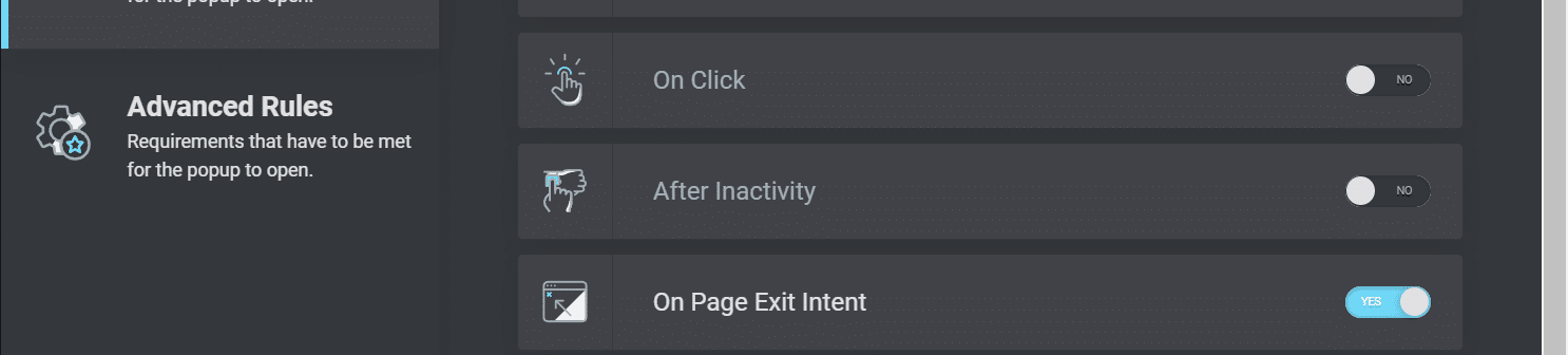 Select the on page exit intent trigger