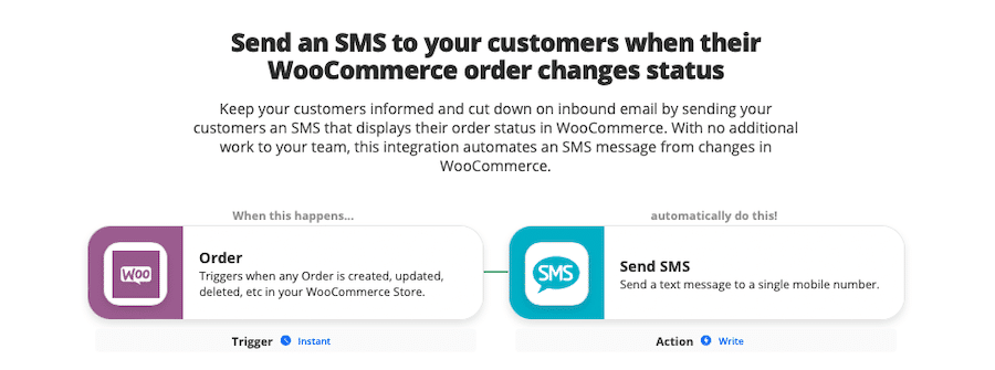 Zap for sending an SMS to your customers when their WooCommerce order changes status.