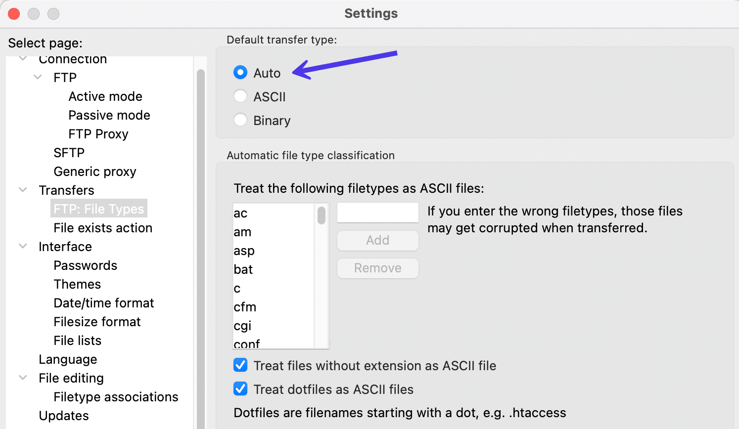 You can change the transfer type or set it as Auto in the FileZilla Settings window.