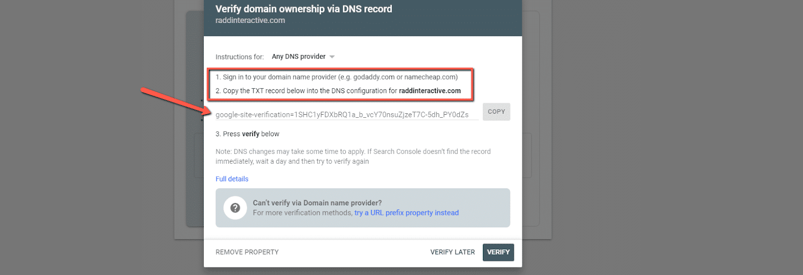 How to verify a domain in Google Search Console