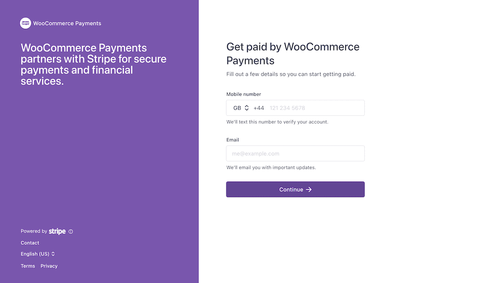 A verification screen for WooCommerce Payments that shows phone number and email fields, along with a purple splash screen, and purple button reading 