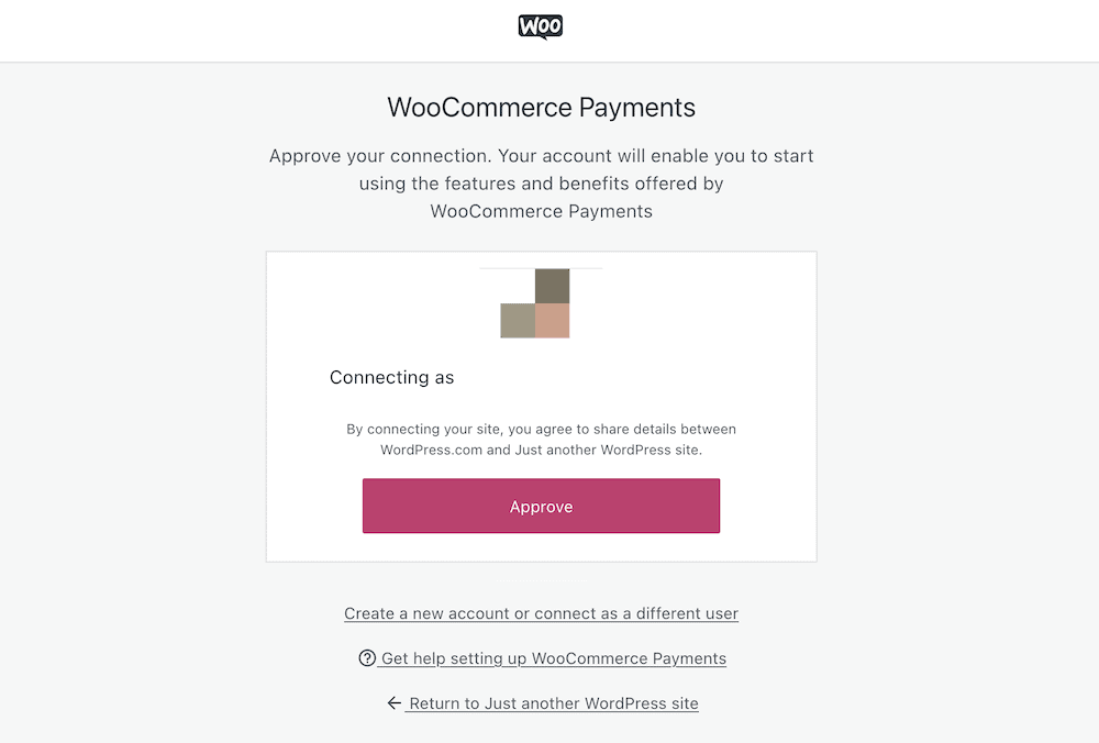 The WooCommerce Payments connection screen, showing user data, and a button that reads 