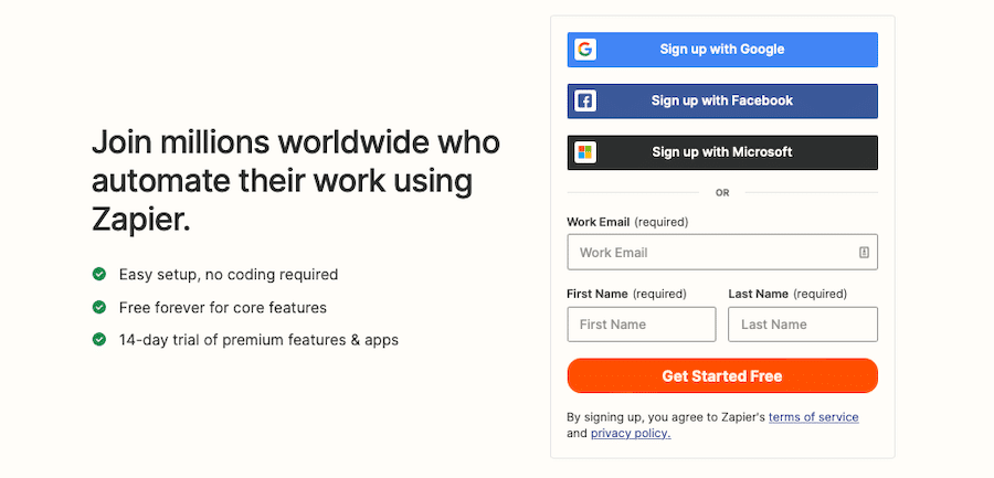 Signing up for Zapier.