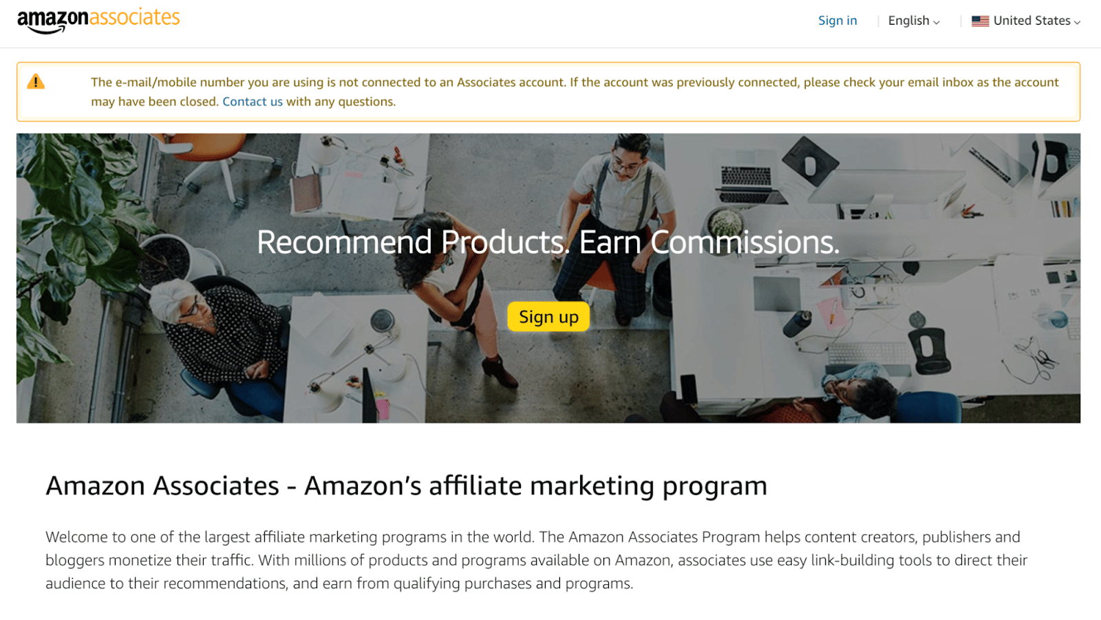The homepage for Amazon Associates