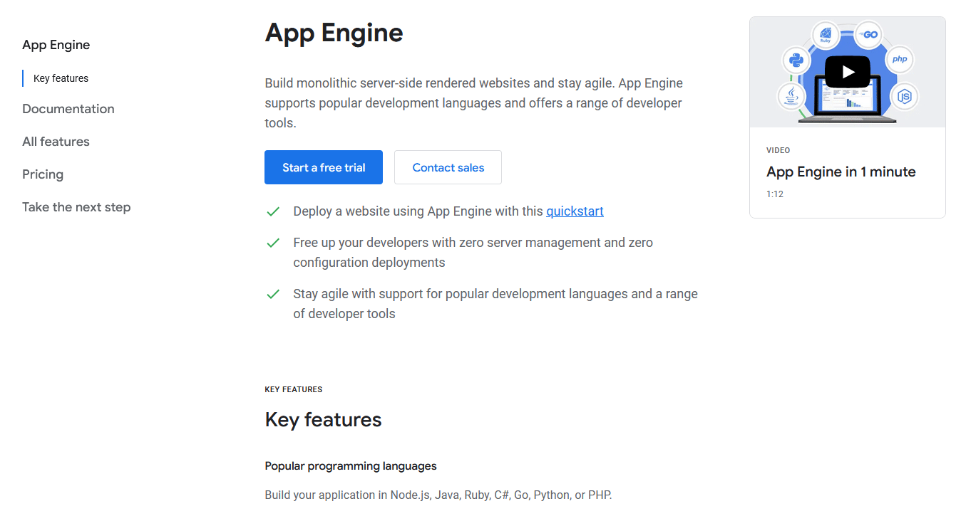 The Google App Engine homepage