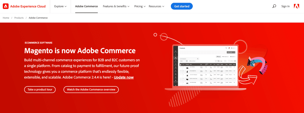 Adobe Commerce's homepage that says, 