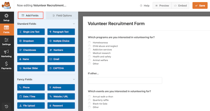 Adding fields to the WPForms volunteer application form