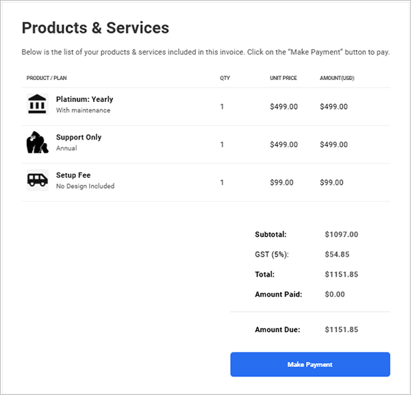 Example of an invoice generated from the Client Billing tool.