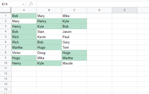 how to highlight duplicate data in google sheets in multiple rows and columns: result