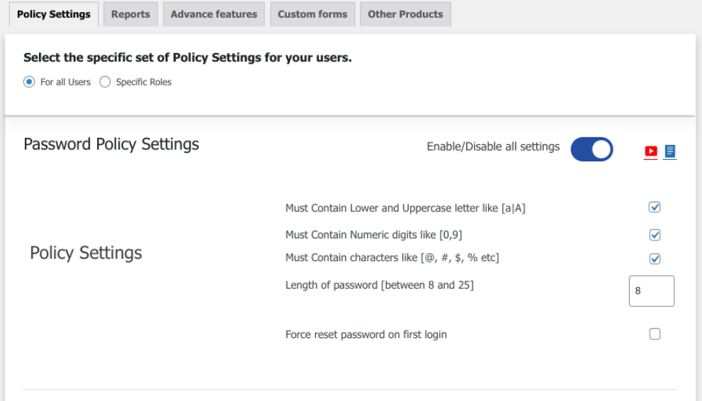 The password policy settings page.