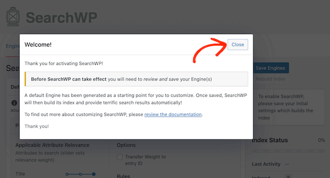 SearchWP's welcome popup