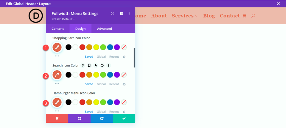 Divi Style Cart Search Icons Fullwidth Menu Layout 3 Icon Colors