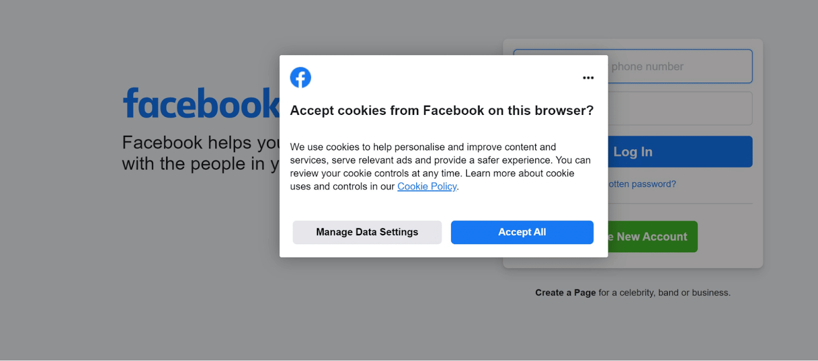 A consumer consent prompt from Facebook