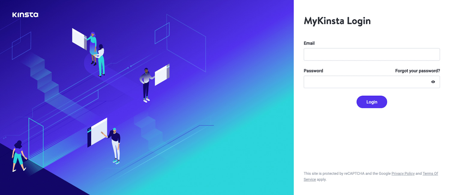 MyKinsta login page that shows 3 people touching computer screens on the left. The right side asks for the user’s email address and password with a login button underneath.