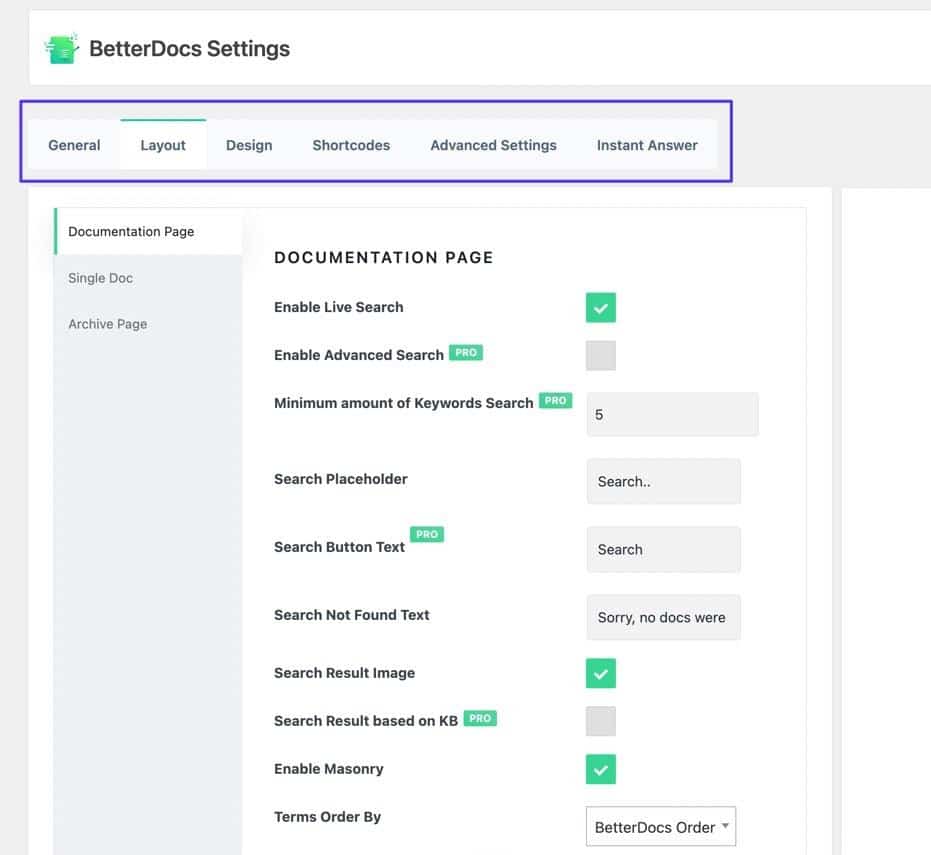 The BetterDocs settings panel
