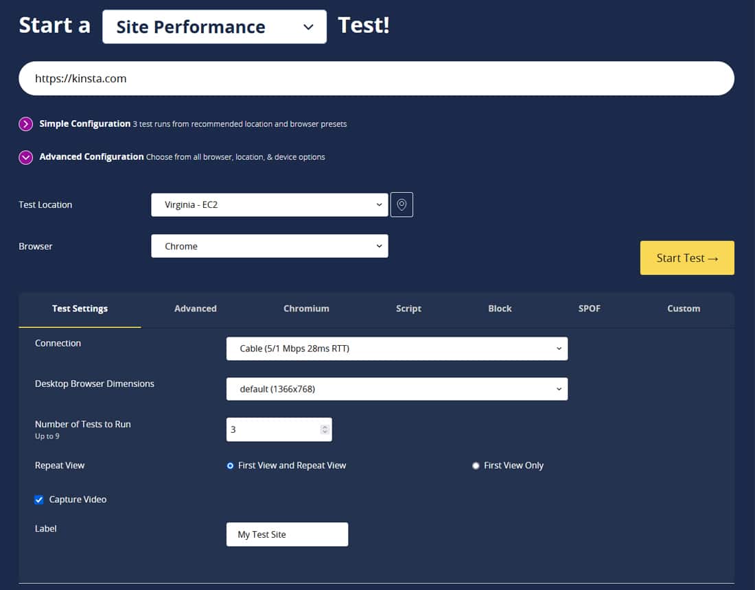 Screenshot of the The WebPageTest site speed testing tool's homepage.