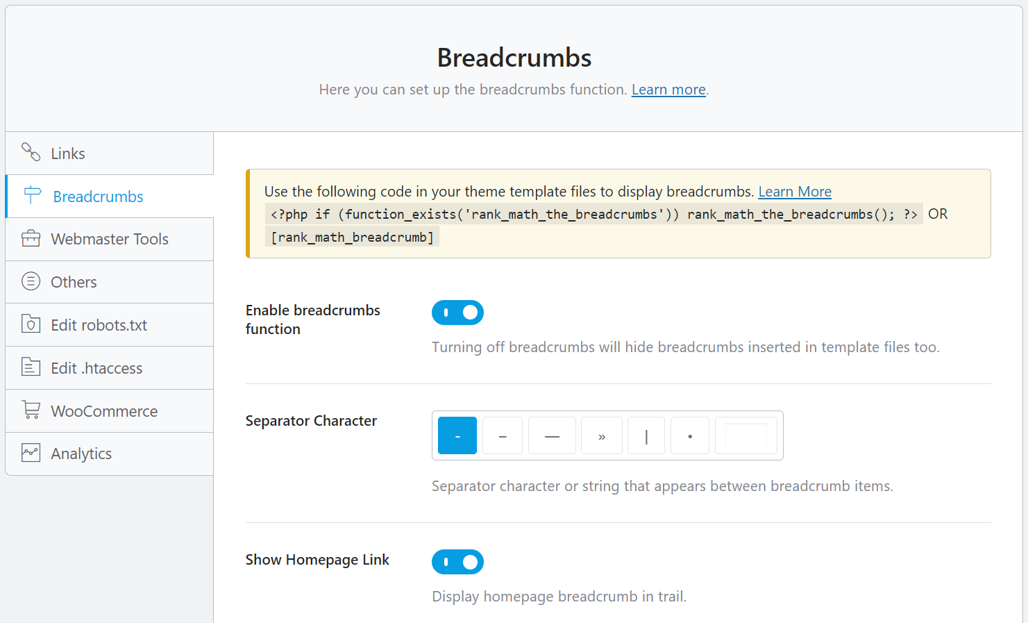 Configuring breadcrumbs using Rank Math SEO