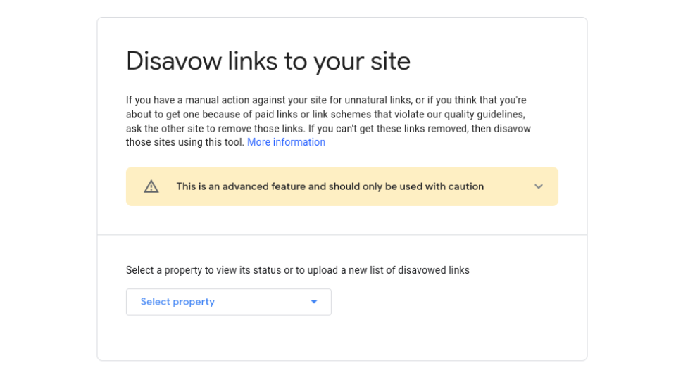 The Disavow Links page in Google Search Console.